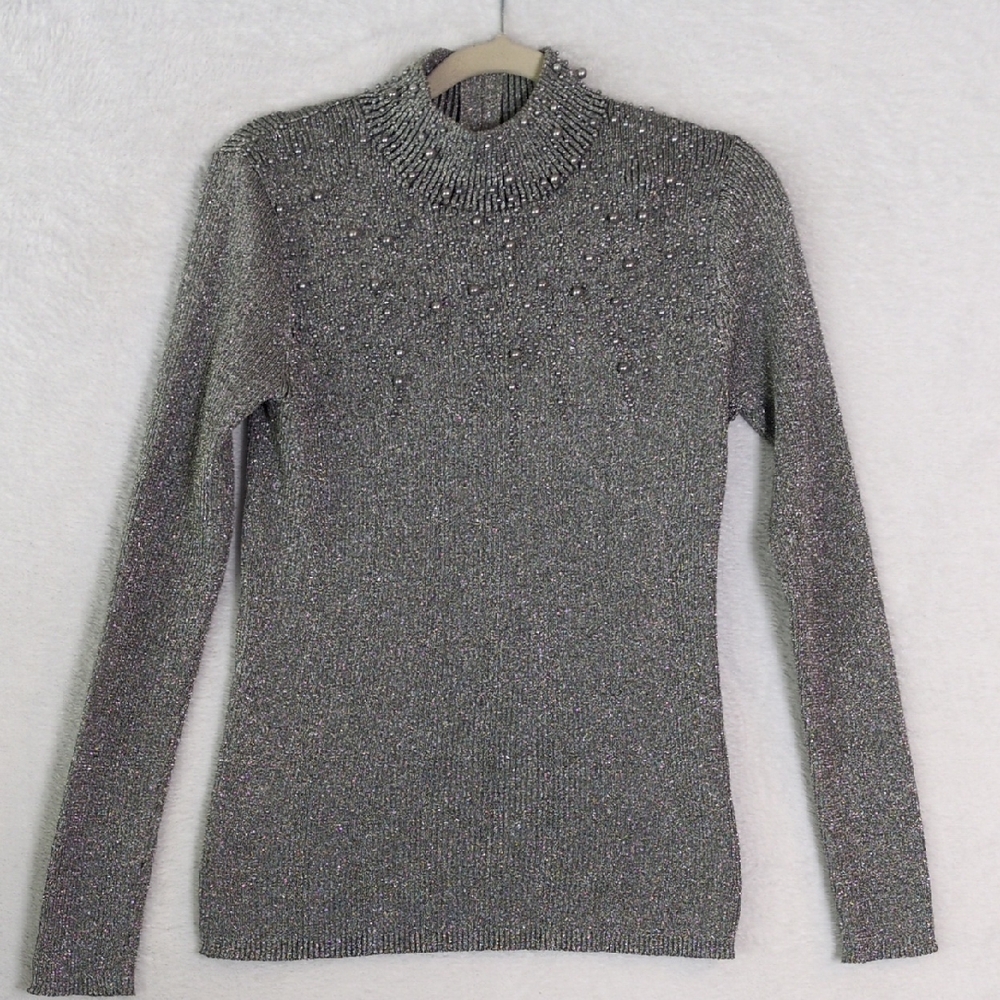 Once Again Vintage Women's Silver Metallic‎ Beaded Mock Neck Sweater Size M